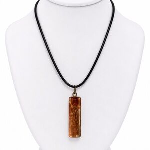 Amber Brown Murano Glass Rectangle Pendant Necklace on Black Cord
